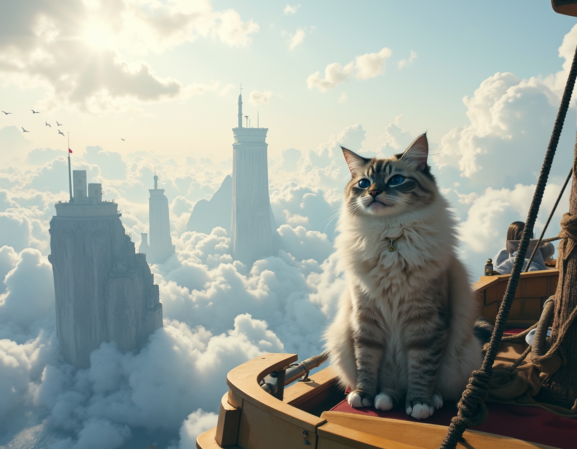 Cat captains a floating pirate ship that navigates between massive cloud-islands. Waterfalls spill over island edges, and mysterious winged creatures soar among the clouds, creating a thrilling, airborne fantasy voyage.